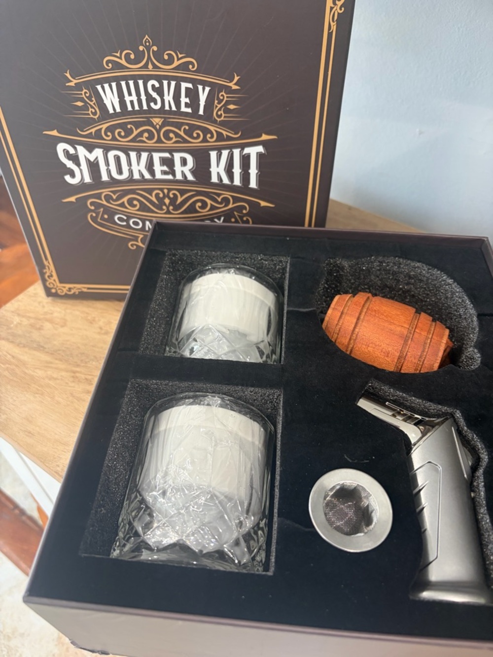 Whiskey Smoker Kit with Glasses and Torch - Brown Wood Accent